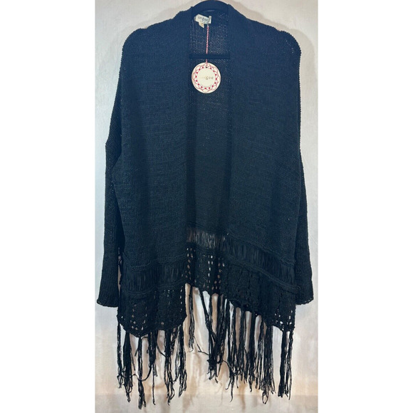 NEW Umgee L USA Fringe Cardigan Open Front Black Long Sleeve Boho Sweater D16 - Picture 1 of 7